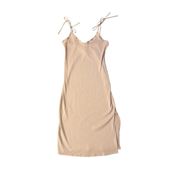 NWT M Lost + Wander Tie Sleeve Ribbed Midi Peach Pink Dress Sleeveless Stretch - Picture 1 of 5